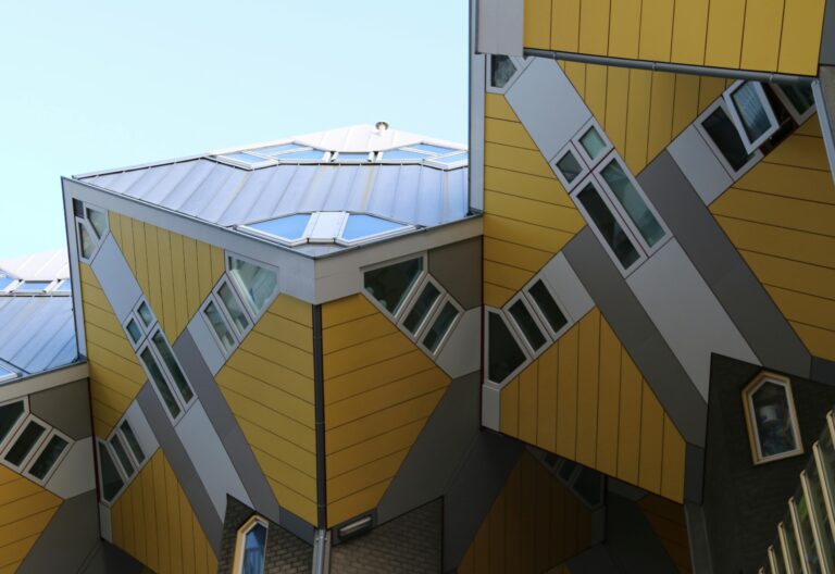 Unique architectural capture of the iconic Cube Houses in Rotterdam, showcasing modern geometric design.